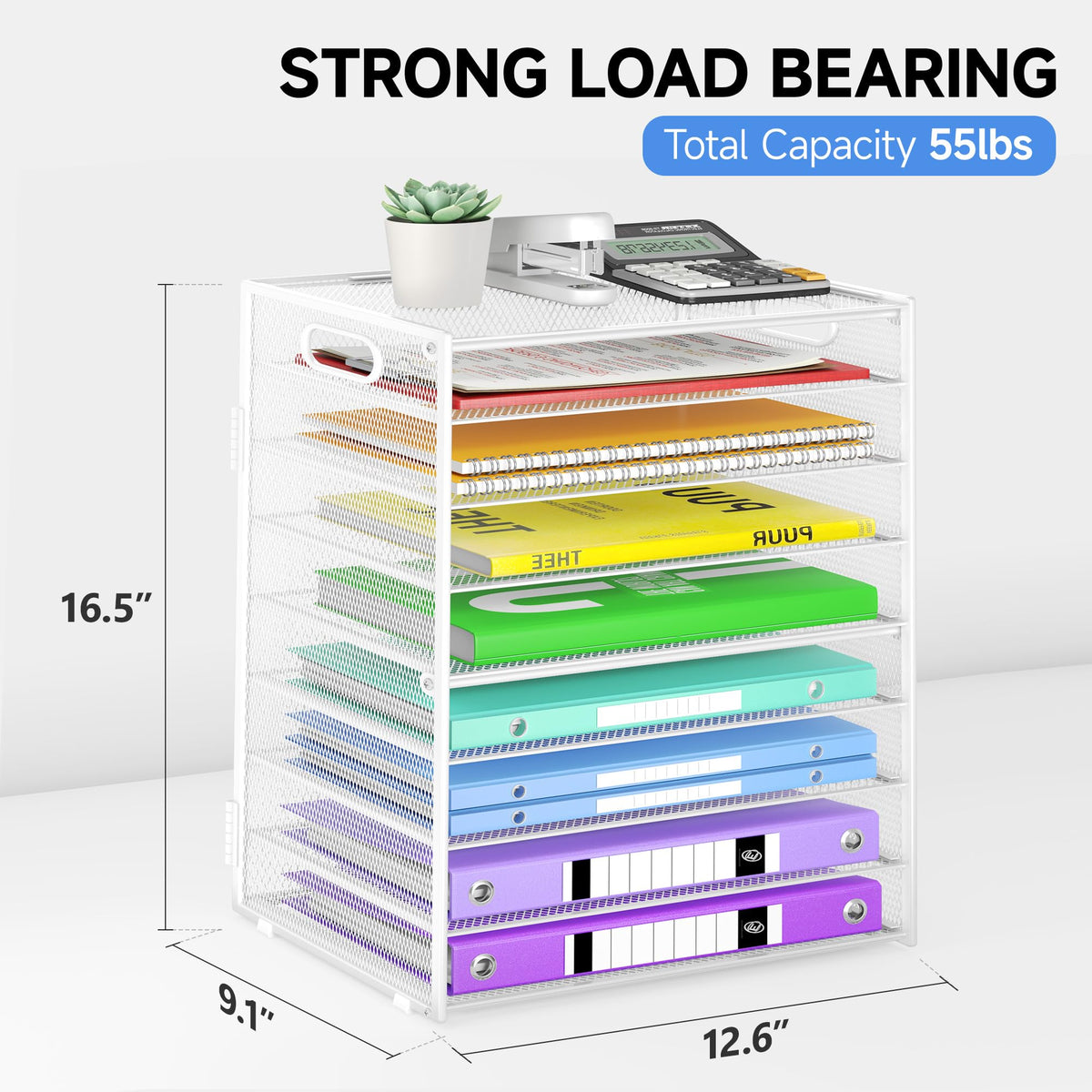 Cawukege 9 Tier Paper Organizer with Handle, White Large Capacity Desk Organizer Mesh File Folder