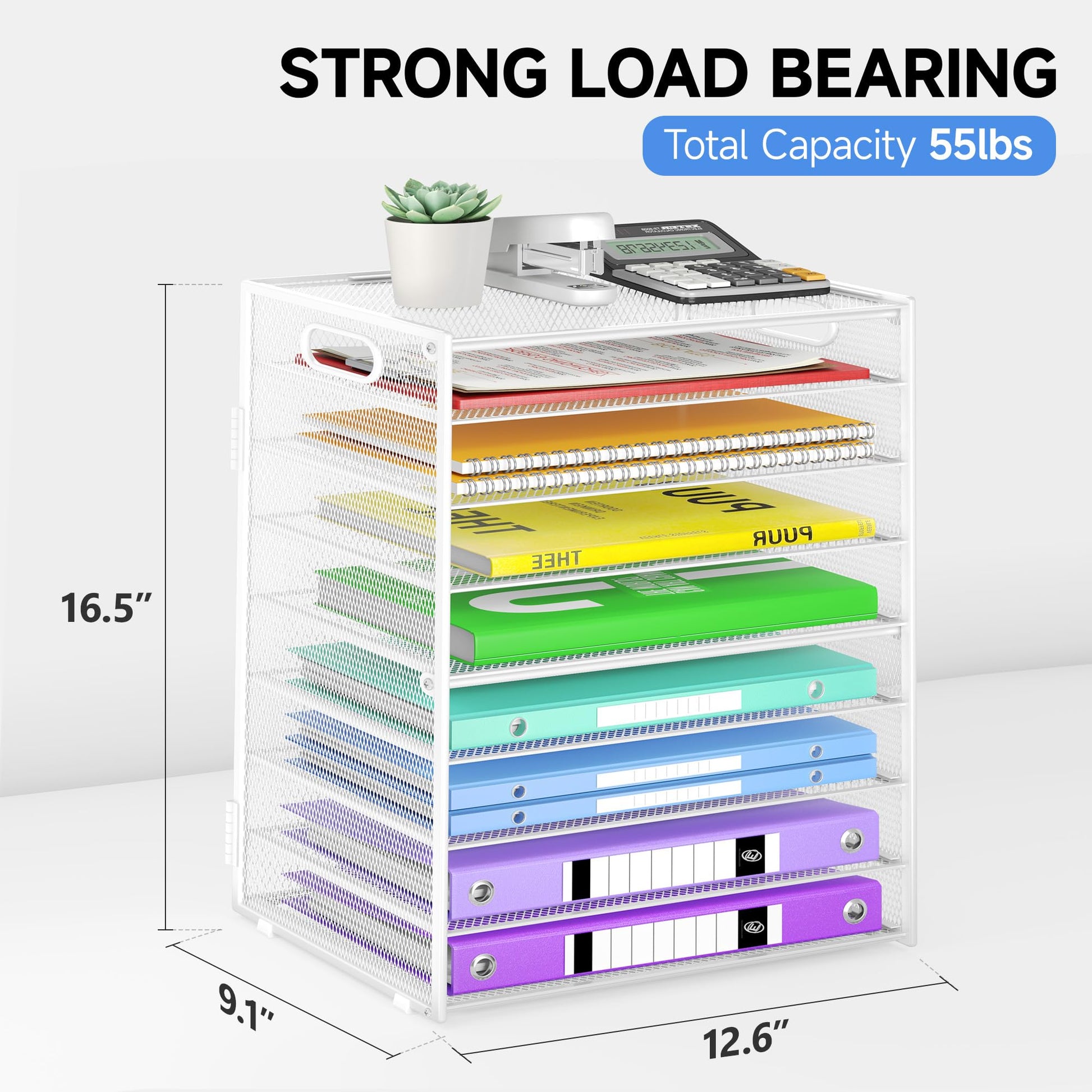 Cawukege 9 Tier Paper Organizer with Handle, White Large Capacity Desk Organizer Mesh File Folder