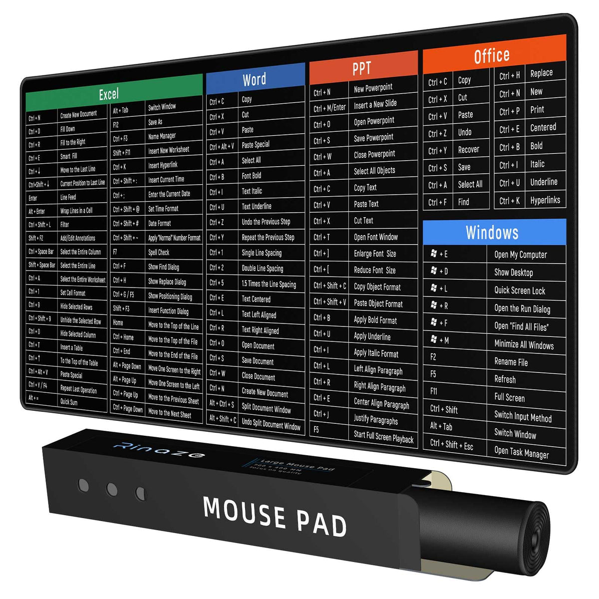Rinaze Large Mouse Pad Desk Mat with Excel Shortcuts Cheat Sheet, Anti-Slip Keyboard Pad with
