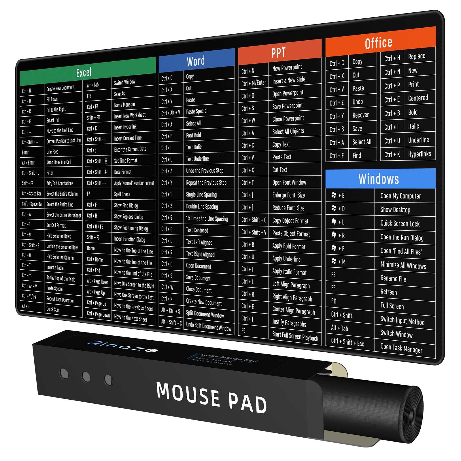 Rinaze Large Mouse Pad Desk Mat with Excel Shortcuts Cheat Sheet, Anti-Slip Keyboard Pad with