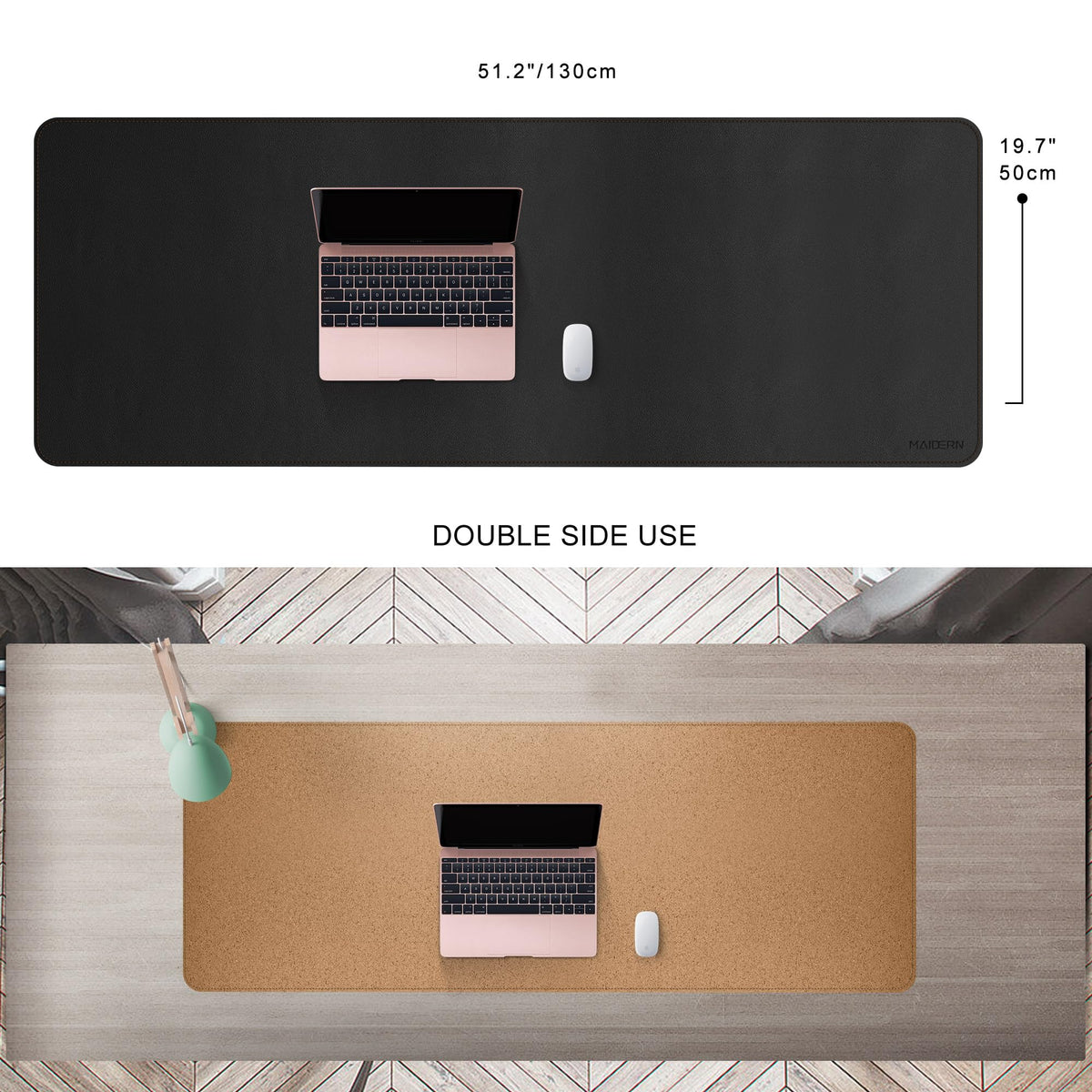 MAIDERN 51.2”x 19.6” Cork & Leather Desk Pad, Large Desk Mat (Black)