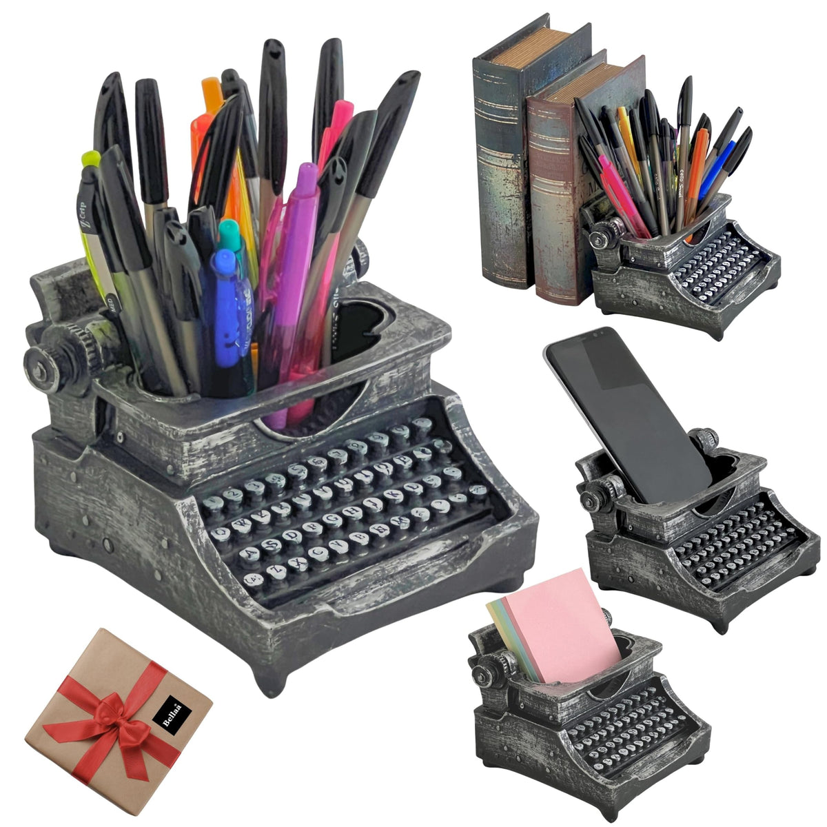 Bellaa Typewriter Pencil Holder 32 Pens, Desk Organizer, Hold Cell Phone