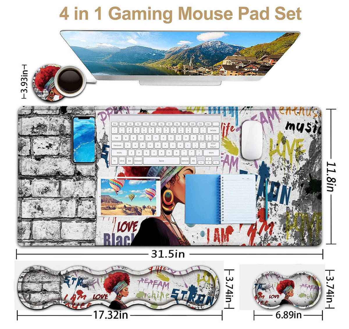 African Black Woman Graffiti Girls Desk Mat, Extended White Laptop Table Protector, Ergonomic Mouse