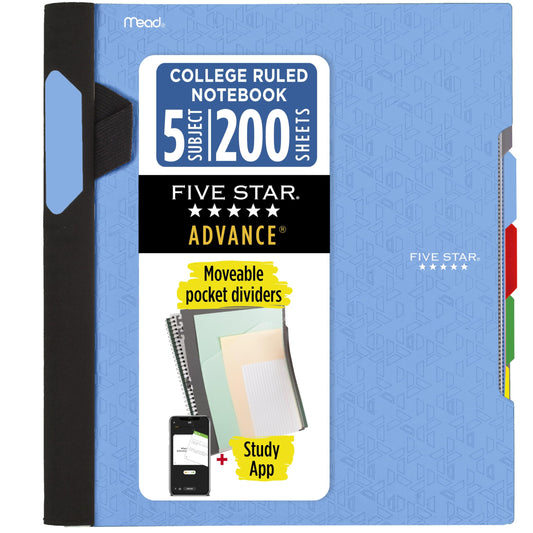Five Star Advance Spiral Notebook + Study App, 5 Subject, College Ruled Paper, 8-1/2" x 11", 200