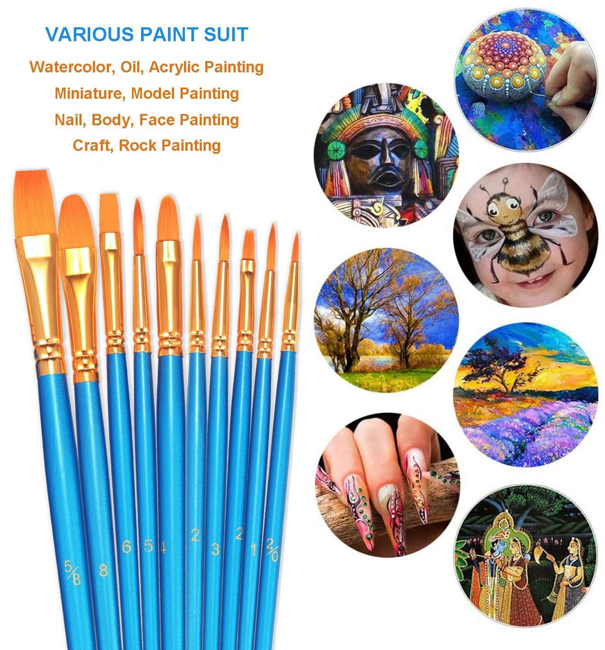 BOSOBO Paint Brush Sets, 10 Pack 100 Pcs Pointed-Round Tip Paintbrushes Nylon Hair Artist Acrylic