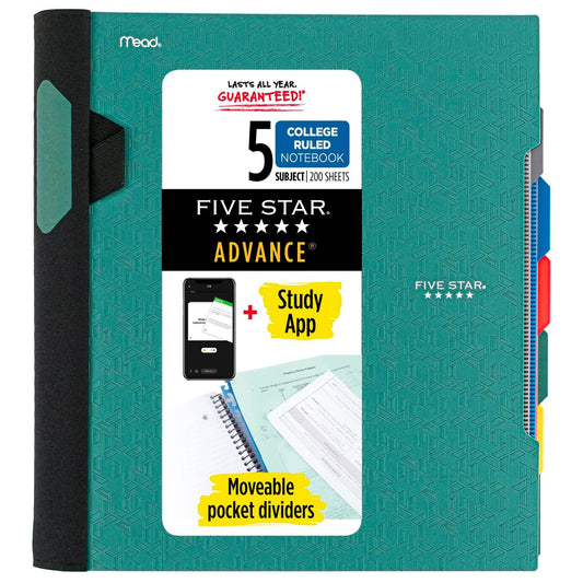 Five Star Advance Spiral Notebook + Study App, 5 Subject, College Ruled Paper, 8-1/2" x 11", 200
