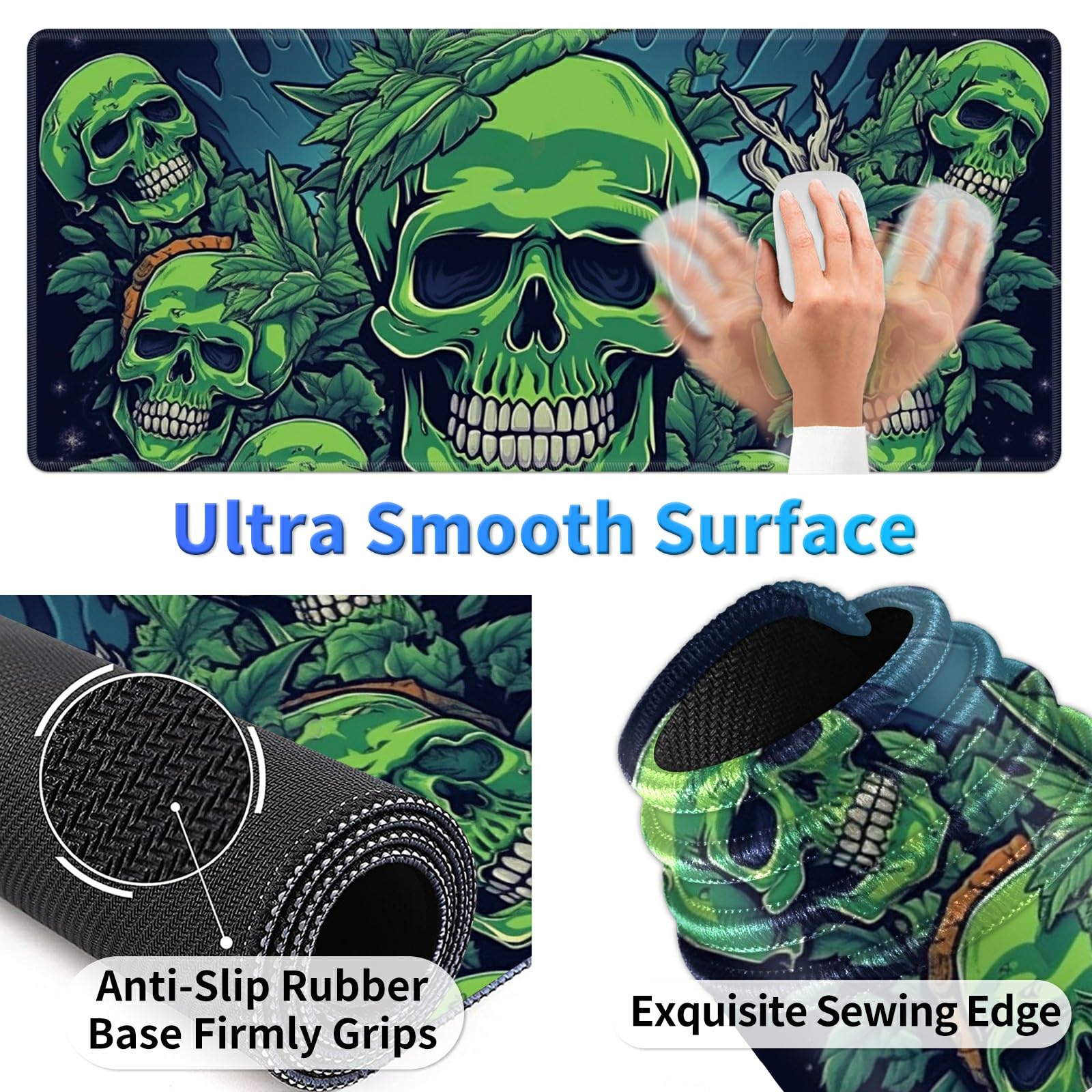 BPQOJB Laptop Mouse Pad 27.5 x 11.8 inch & Small Wrist Rests with Coasters and Green Forest Skull