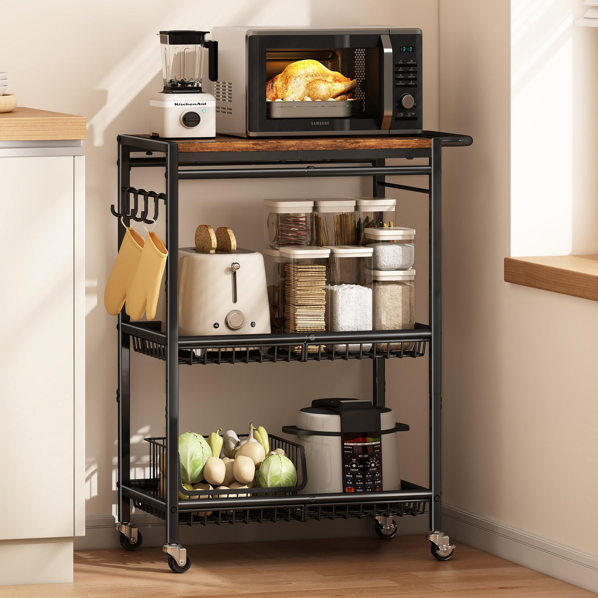 Microwave Kitchen Rolling Cart, 35.43" H Microwave Table Stand with Lockable Wheels, Utility Cart