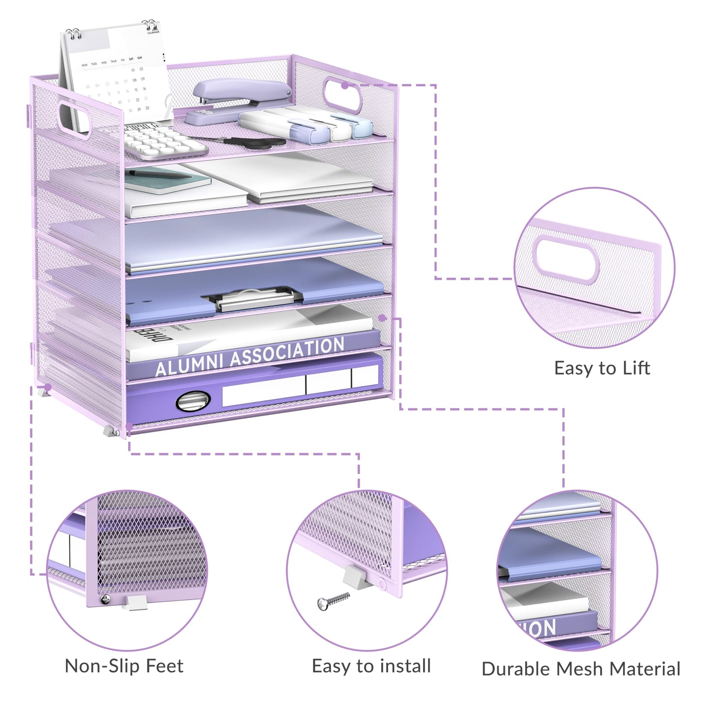 Daltack 6-Tier Paper Organizer for Desk with Handle, Purple, 2 Pack