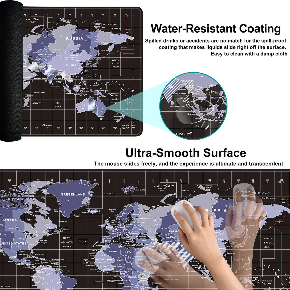 TIDALSOIL XXL World Map Mouse Pad, Oversize Desk Mat with Global Time Zones