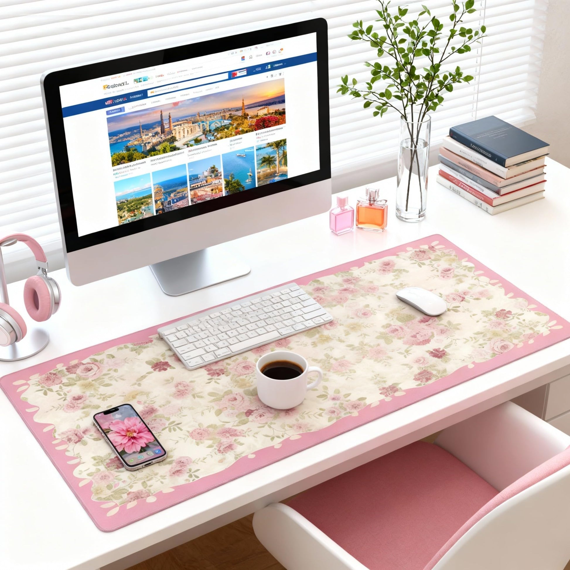 Aesthetic Floral Desk Pad for Women, Pink XXL Large Mouse Pad with Stitched Edges, Non-Slip Office