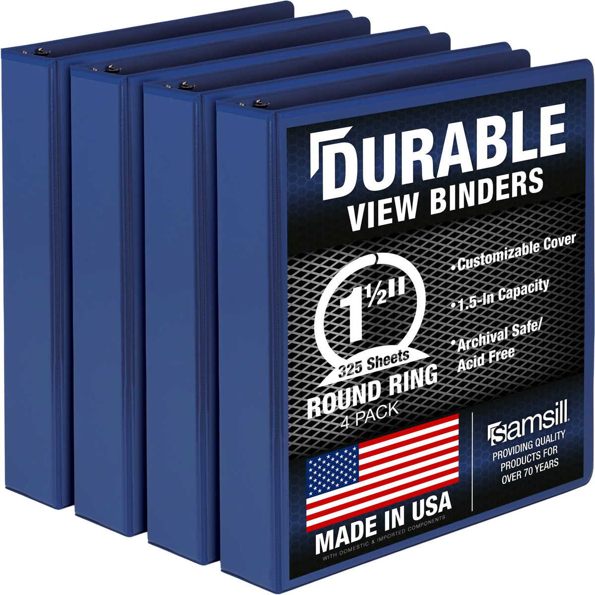 Samsill 4 Pack Durable 1.5 Inch 3 Ring Binders, Round Ring, Clear View Cover for Presentations, Blue