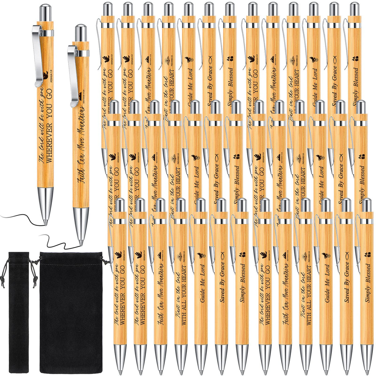Roowest 48 Bible Verse Bamboo Pens, VBS Volunteer Gifts, Black Ink