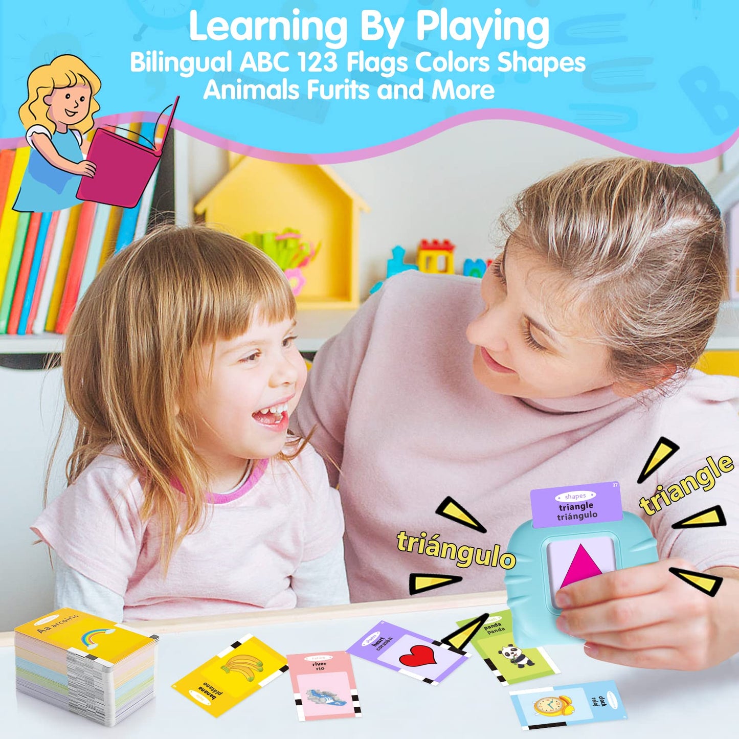 QuTZ ABC Learning Flash Cards for Toddlers 2-4 Bilingual Spanish English, Autism Toys, Speech