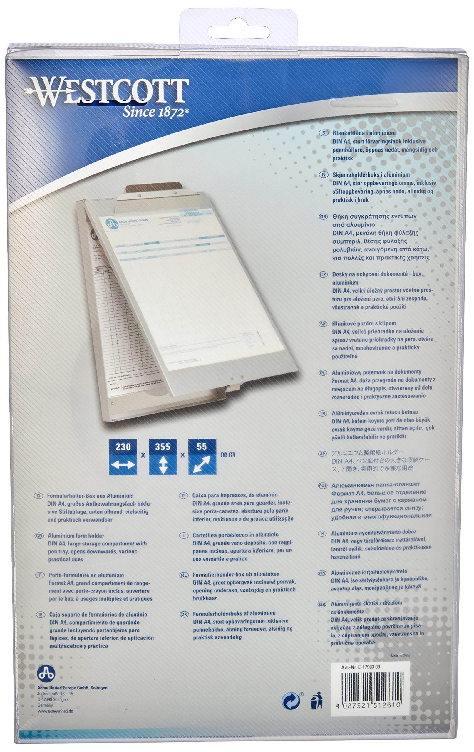 Westcott E-17003 00 Aluminium Form Holder Box, A4, Large Storage Compartment, Bottom Opening