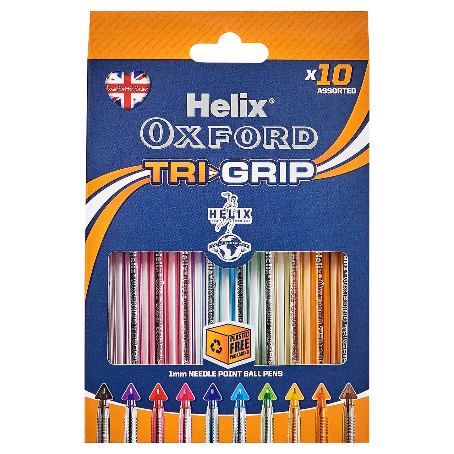 Helix Oxford Tri-Grip Ballpoint Pens (x10 Pack Assorted Colours) with Plastic Free Packaging