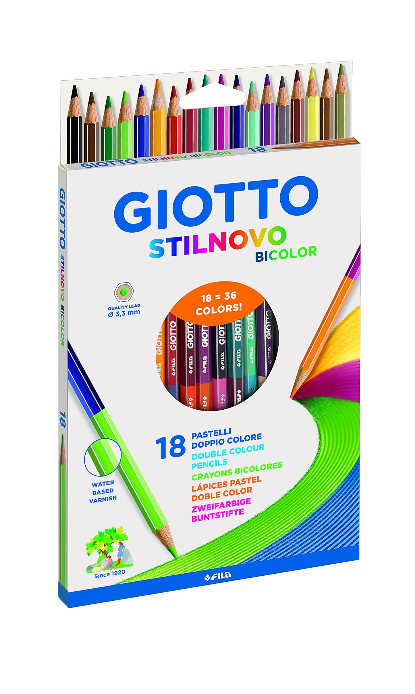 GIOTTO Stilnovo Bicolor, Double Colour Pencils, 18 Assorted Colours, Ideal for Children, Parties