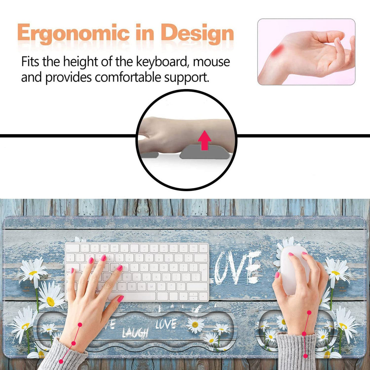 Ergonomic Keyboard Wrist Rest and Mouse Pad Wrist Rest Set,Dreamy Daisy Vintage Wood Board Live
