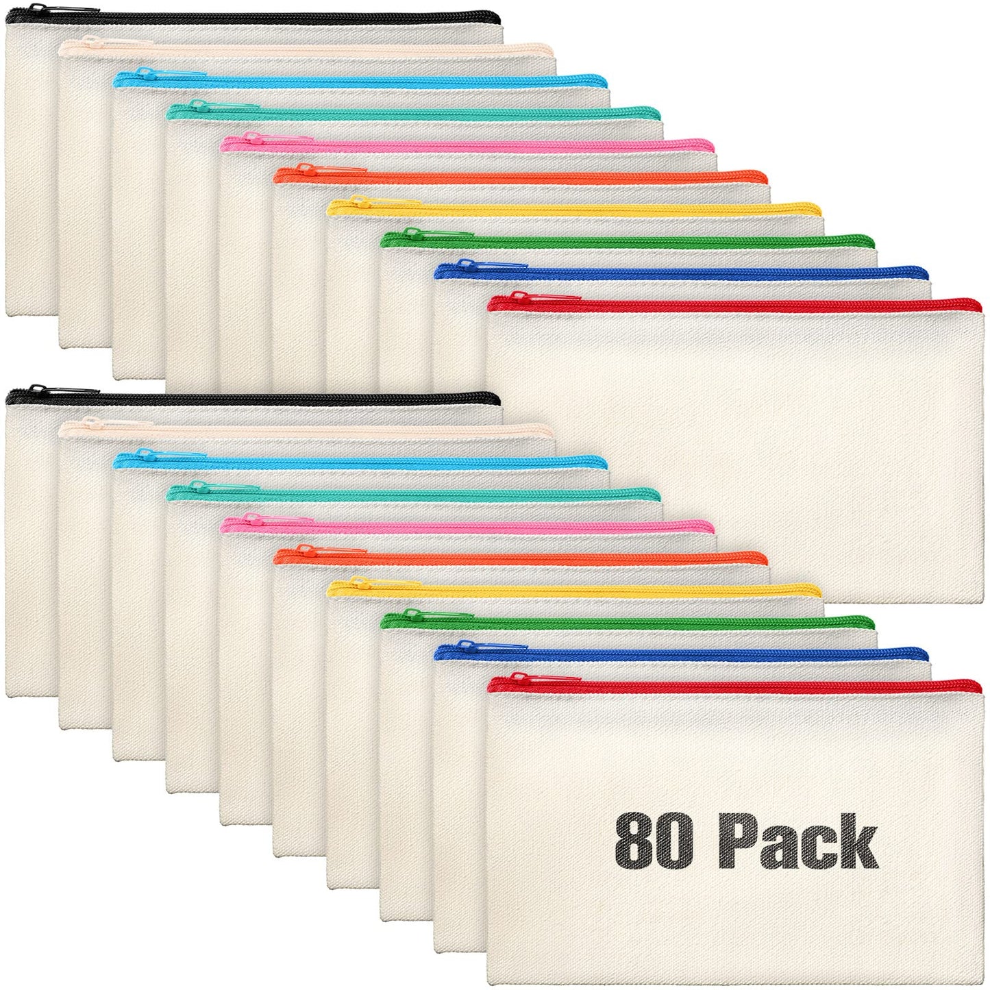 Reginary Canvas Zipper Bags Bulk, Natural with 10 Colorful Zippers, 80 Pack