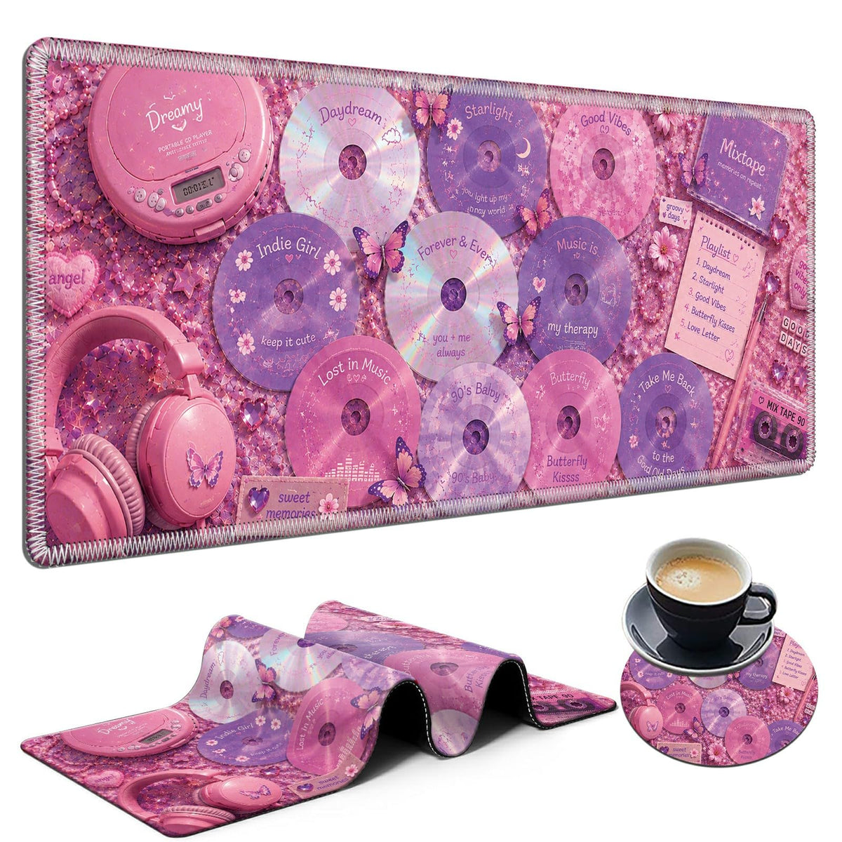 Pink Music Collage Large Mouse Pad, 31.5 x 11.8 in Extended Desk Mat