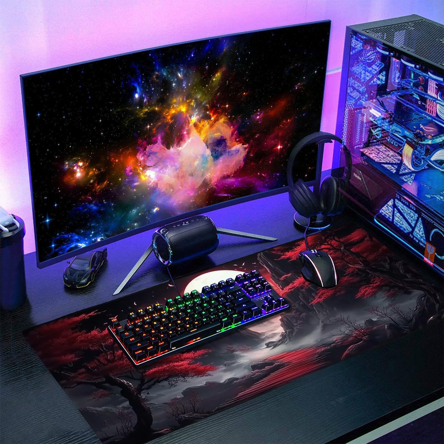 Black Red Japanese Mouse Pad XXL Moon Sakura Cherry BLoosm Tree Extended Table Mat 90X40 cm