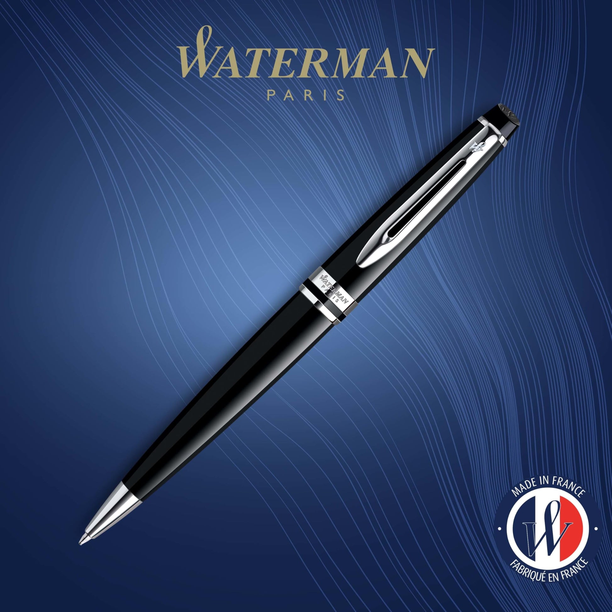 Waterman Expert Ballpoint Pen, Gloss Black with Chrome Trim, Medium Tip, Blue Ink, Luxury Pen in
