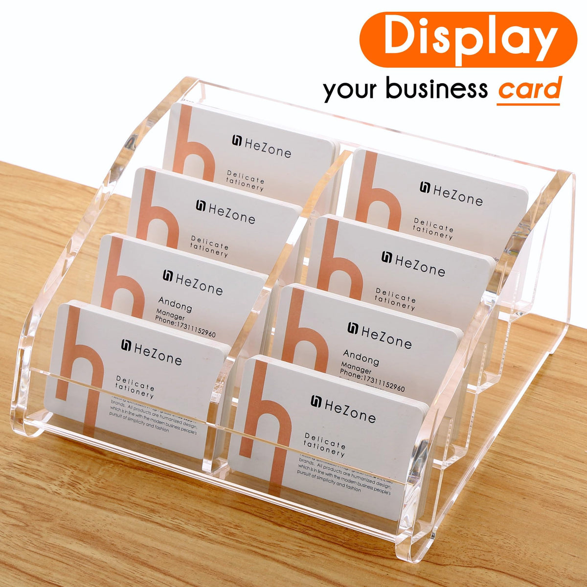 HeZone Business Card Holder for Desk Clear Acrylic Cards Stand Rack Multiple 8 slots 4 Tier
