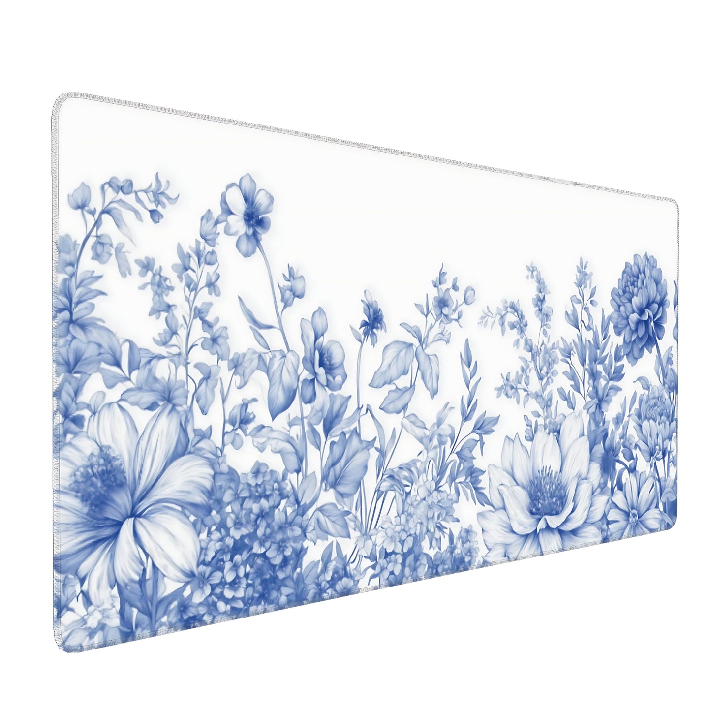 Floral Aesthetic Lotus Gaming Mouse Pad, White Blue Chinoiserie Desk Mat with Anti-Slip Base &