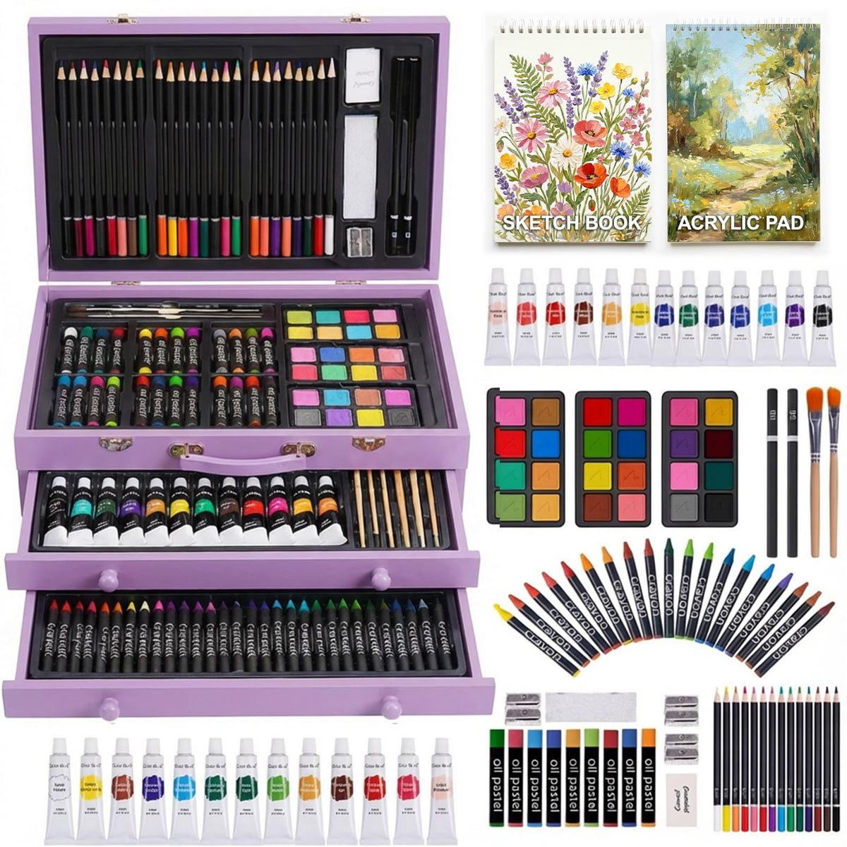 175 Piece Deluxe Art Set with 2 Drawing Pads, Acrylic Paints, Crayons, Colored Pencils, Paint Set