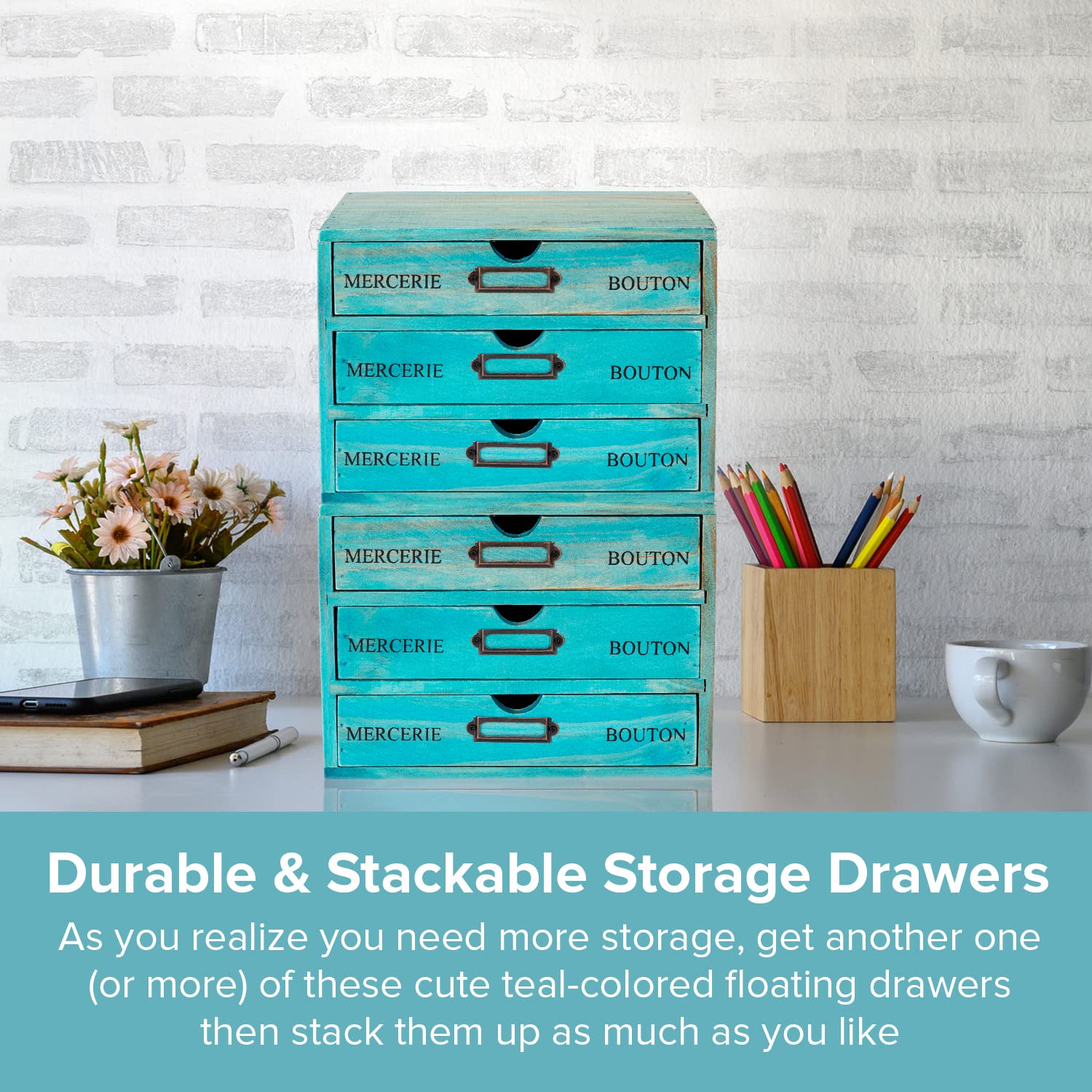 Turquoise 3-Tier Drawer Unit - European Country Style Desk Organizer Box - 9.7x7x7.5" Wooden Teal