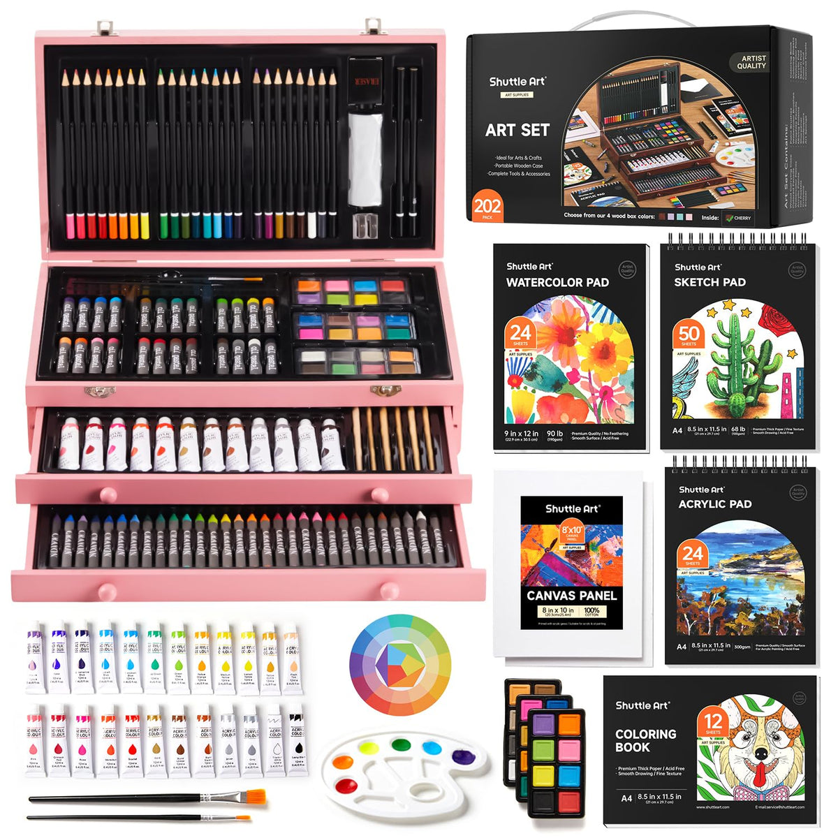 Shuttle Art Deluxe Gift Art Kit, 202-Piece Wooden Art Supplies Set with 4 Drawing Pads, Canvases