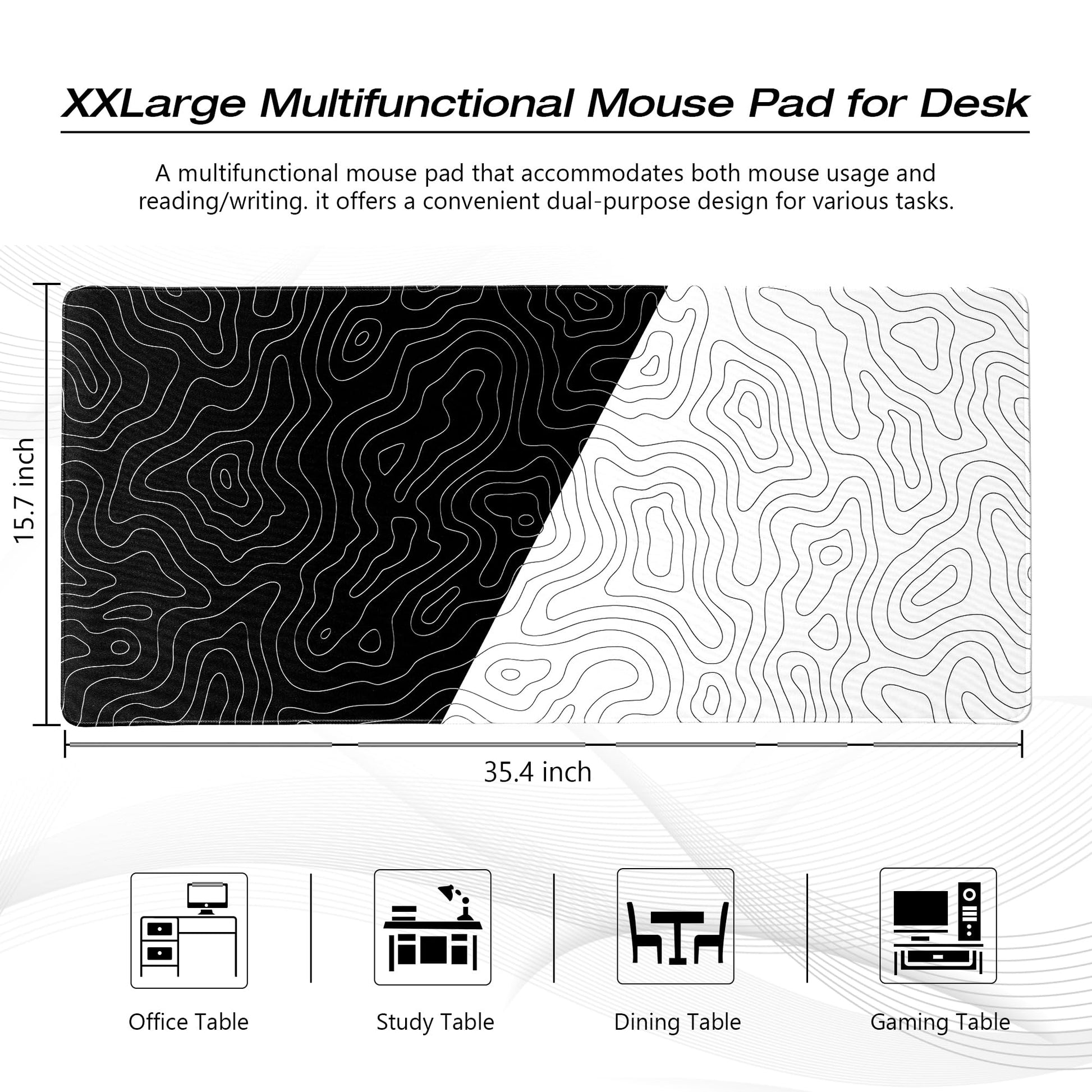 XVX Black and White Topographic Mousepad, XXLarge Gaming Mouse Pad for Desk 35.4x15.7