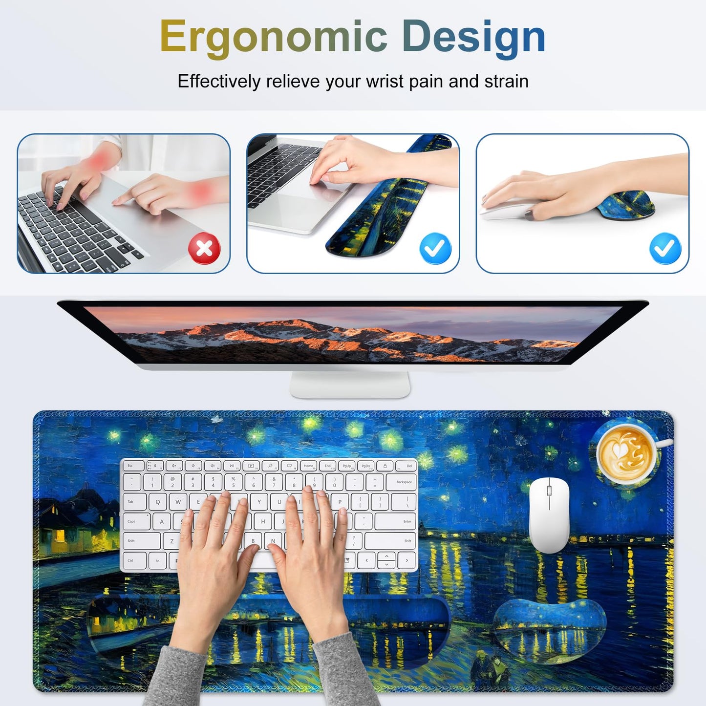 NXZGO Large Gaming Mouse Pad Set, 4 in 1 Ergonomics Keyboard Desk Mat Memory Foam Wrist Rest