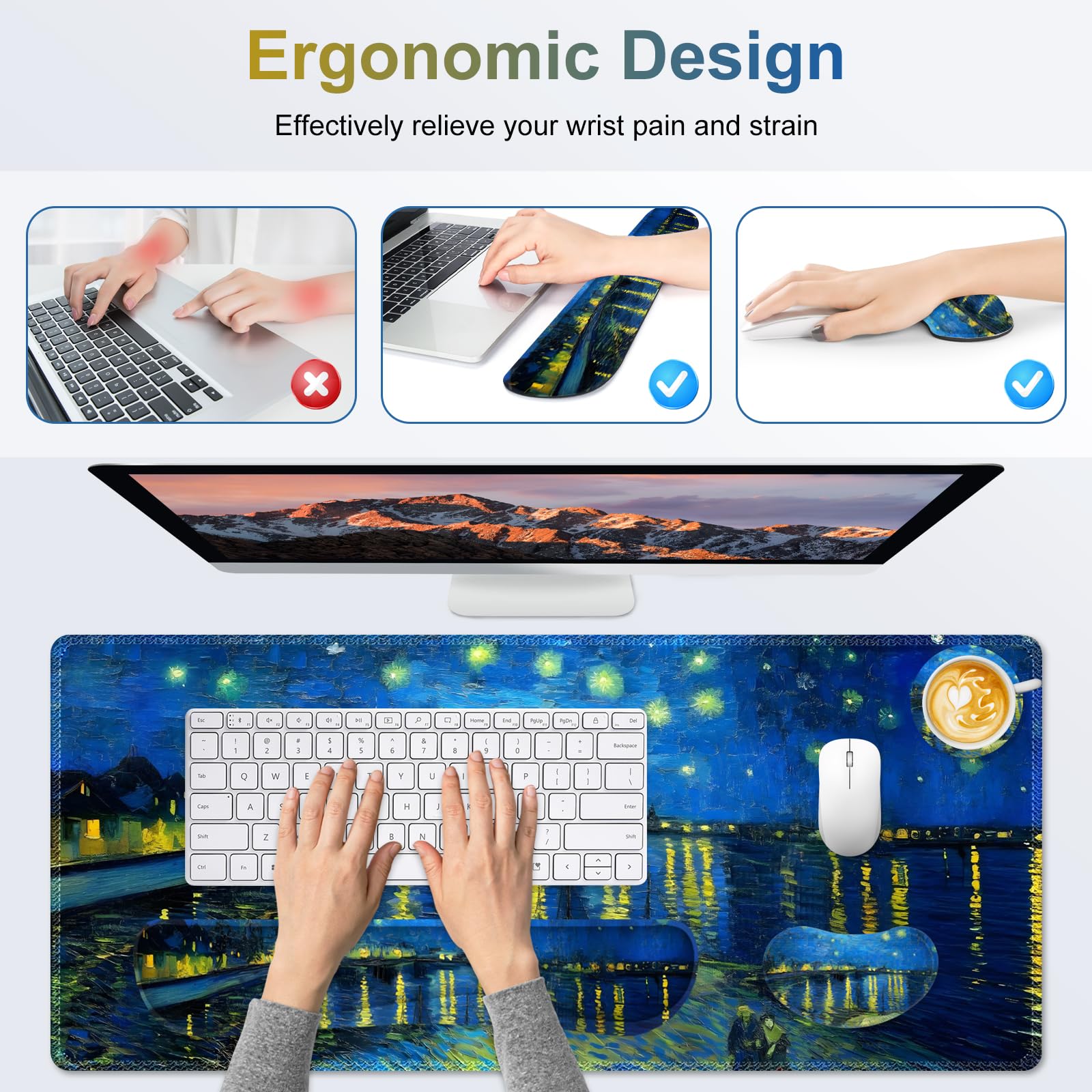 NXZGO Large Gaming Mouse Pad Set, 4 in 1 Ergonomics Keyboard Desk Mat Memory Foam Wrist Rest