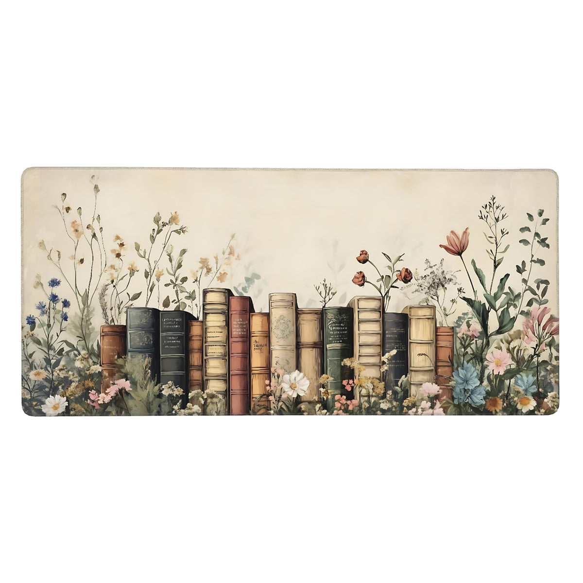 Floral Aesthetic Book Gaming Mouse Pad, Beige Vintage Botanical Desk Mat with Anti-Slip Base &