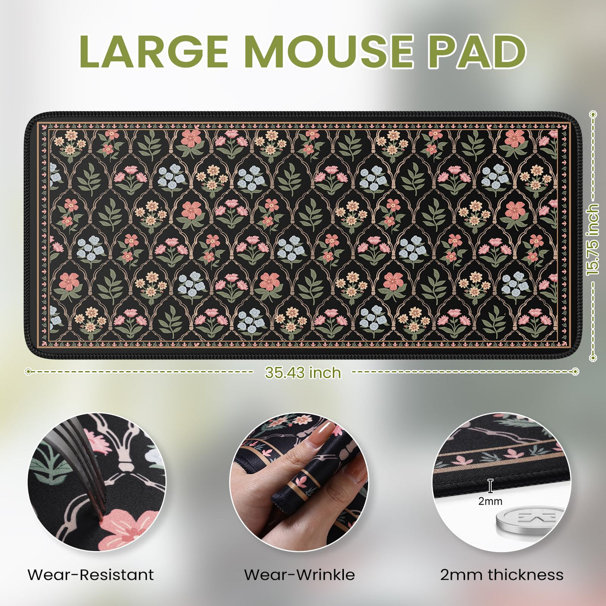iCasso Floral Desk Pad Mat, Large Mouse Pad, Black Moroccan