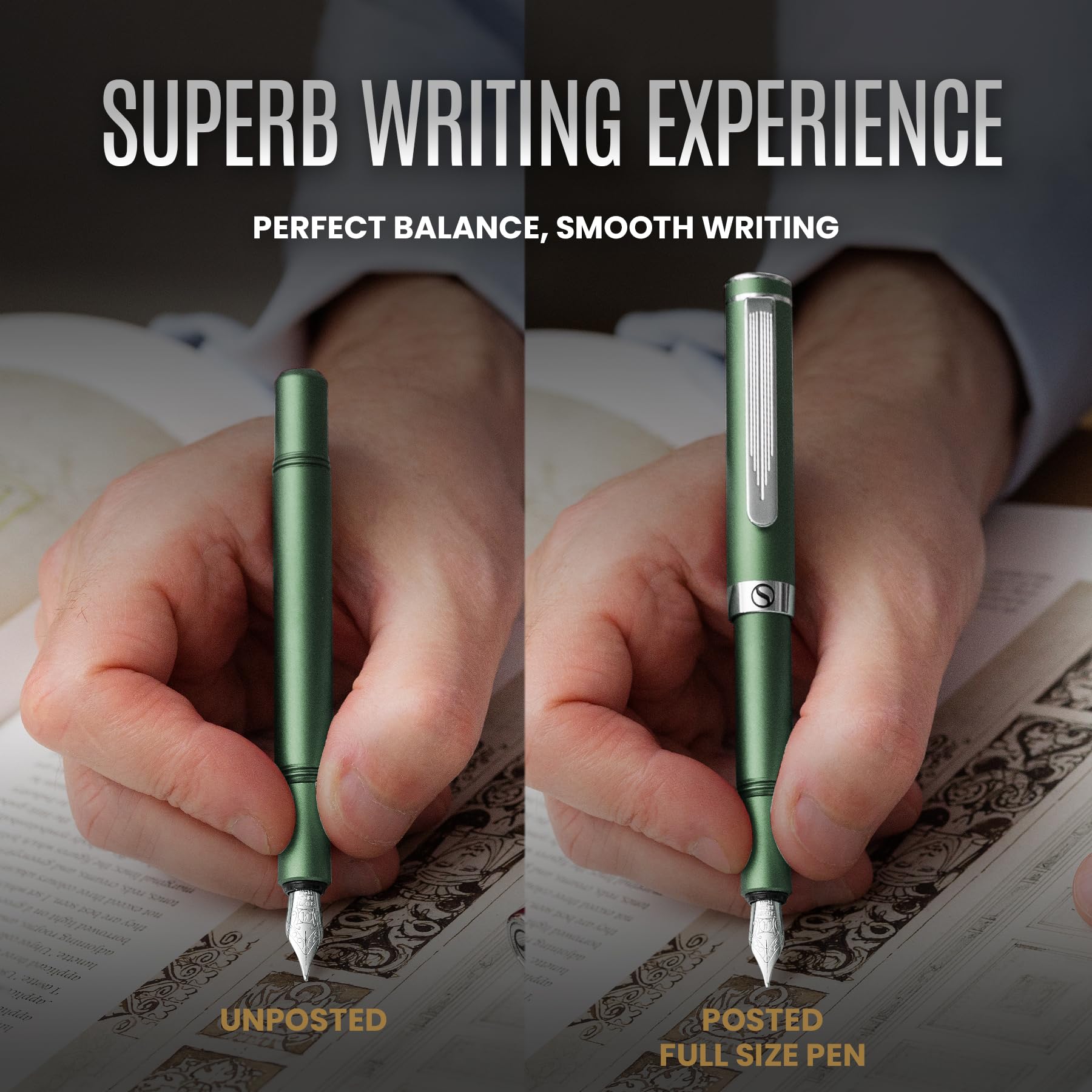 Scriveiner Luxury EDC Fountain Pen (Medium), Stunning Matt Green Pocket Pen, Chrome Finish, Schmidt