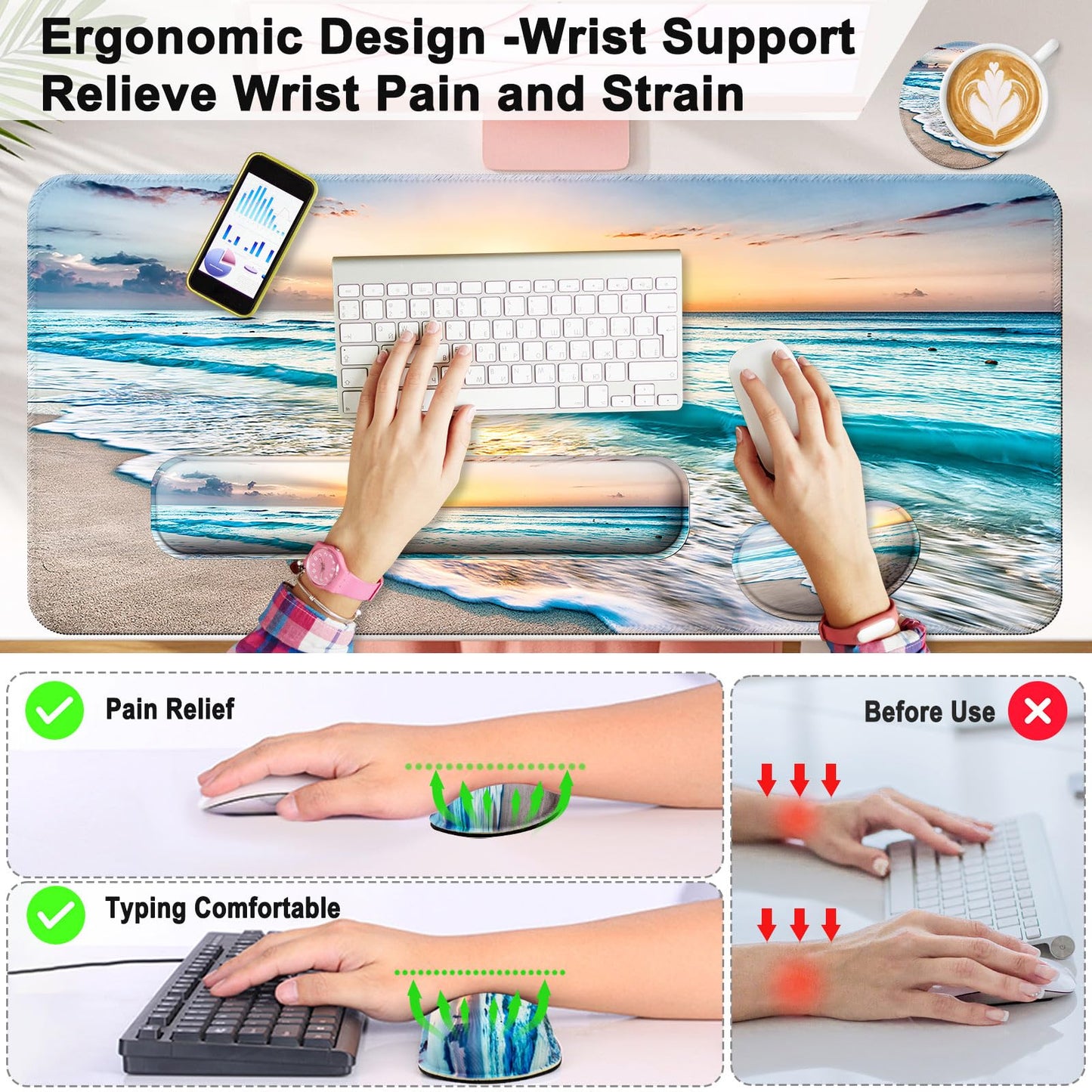 4 in 1 Mouse Pad and Keyboard Wrist Rest,Large Desk Mat,Coaster Set-Beach