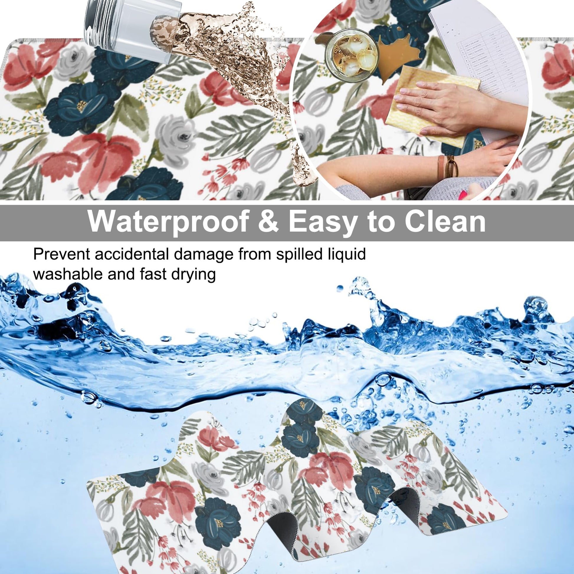 Watercolor Flowers Desk Mat,Large Colorful Floral Gaming Keyboard Mouse Pad,Non-Slip Rubber Base