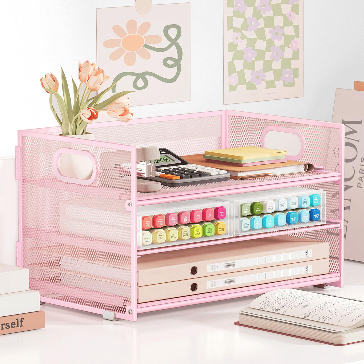 Subekyu 3 Tier Paper Letter Tray Organizer for Desk, Pink Metal Mesh File Folder Sorter Organizer