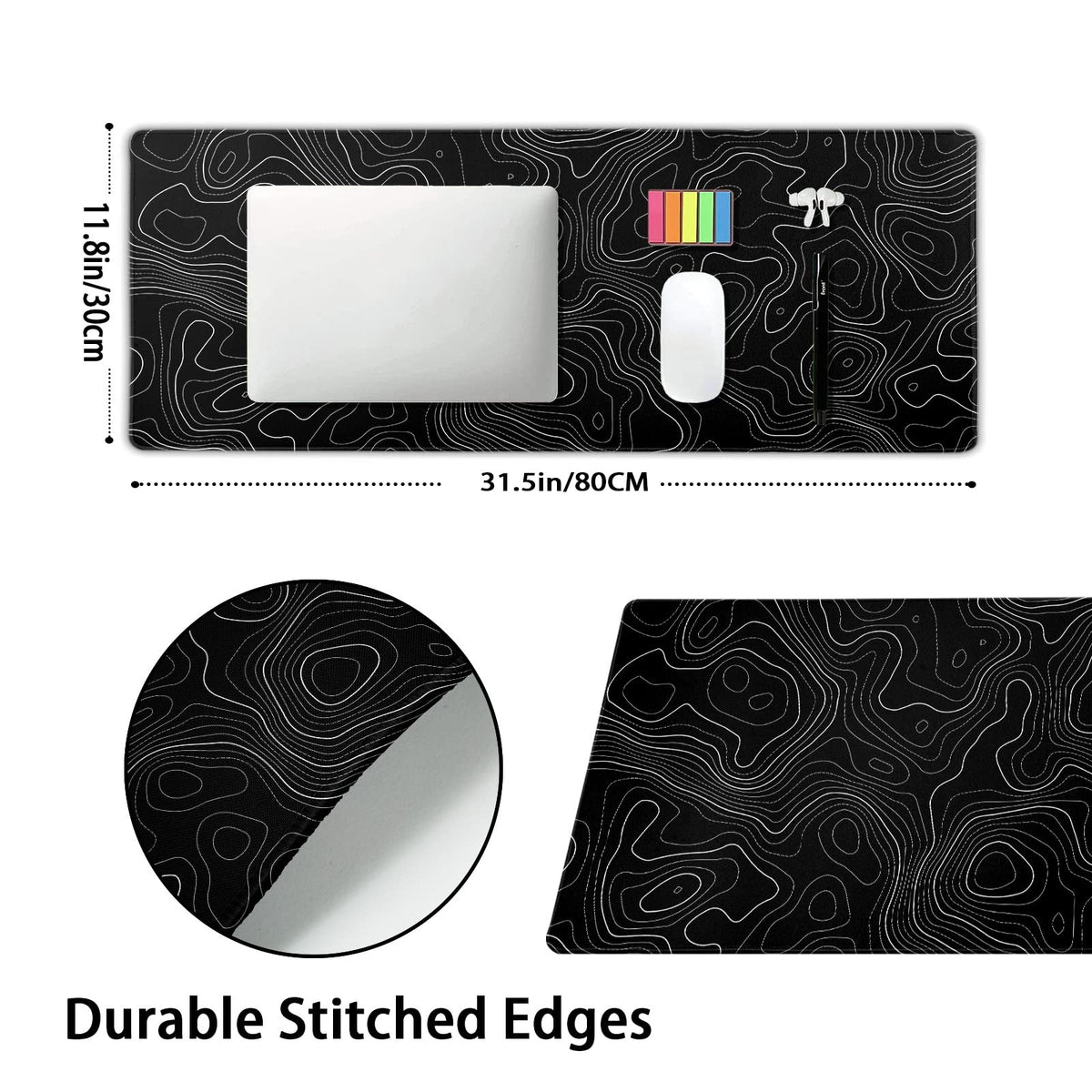 Topographic Contour Black Gaming Mouse Pad XL Topo Geographic Map Lines Extended Large Mouse Pad