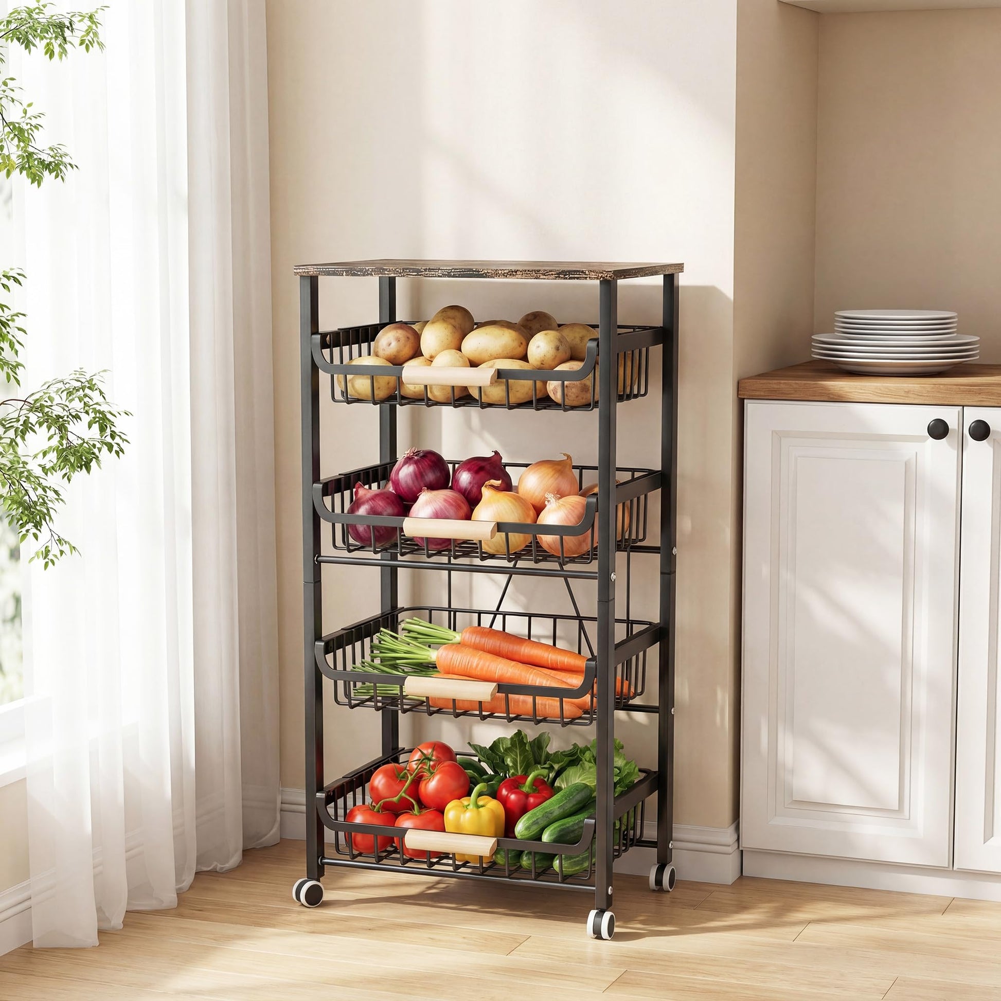 JAQ 5-Tier Fruit Vegetable Storage Cart with Wood Top, Rolling Kitchen Basket Organizer with