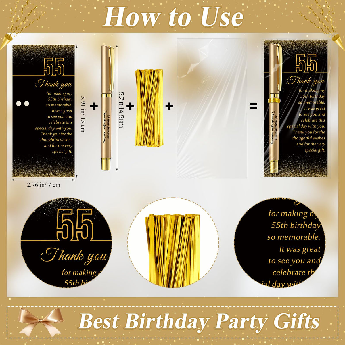 Feifeiya 50 Set 55th Birthday Favors with Black Gold Pens Cards