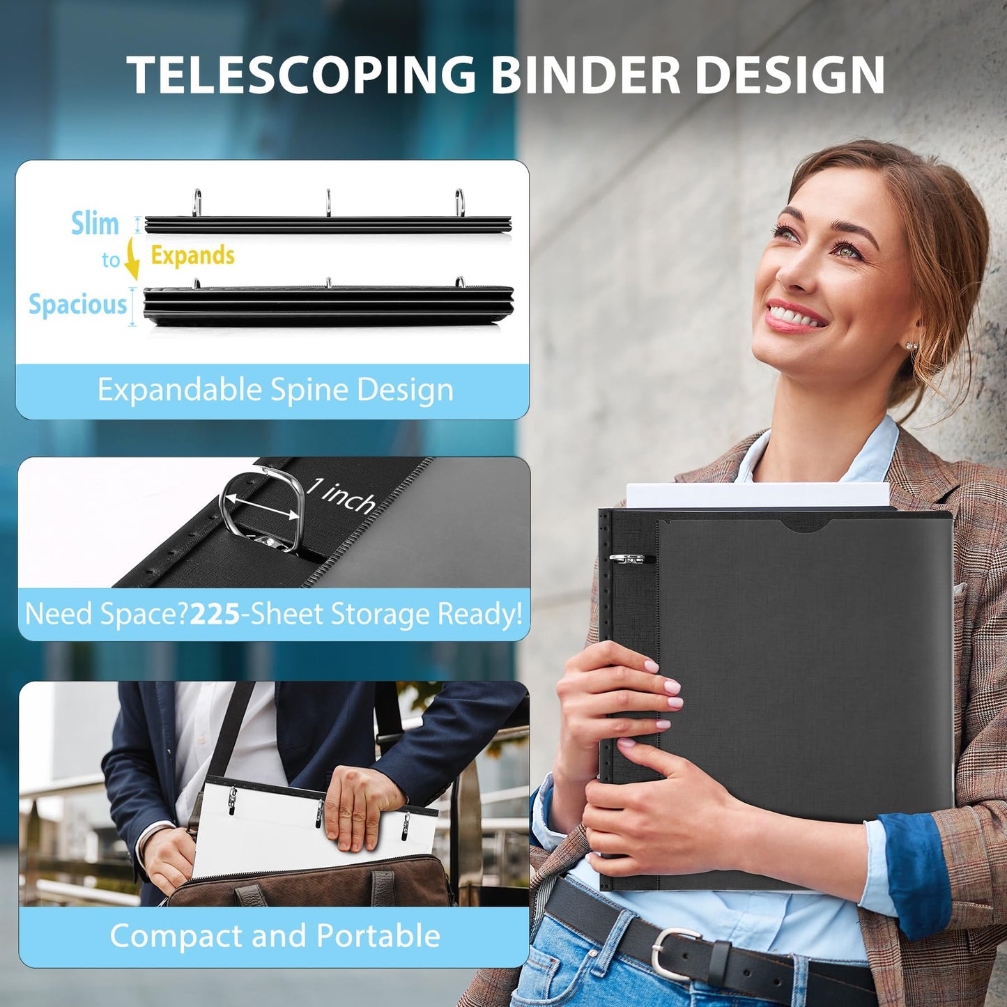 WOT I 1 Inch Telescoping 3 Ring Binder 4 Pack, Expandable Flexible Binder with Customizable Front