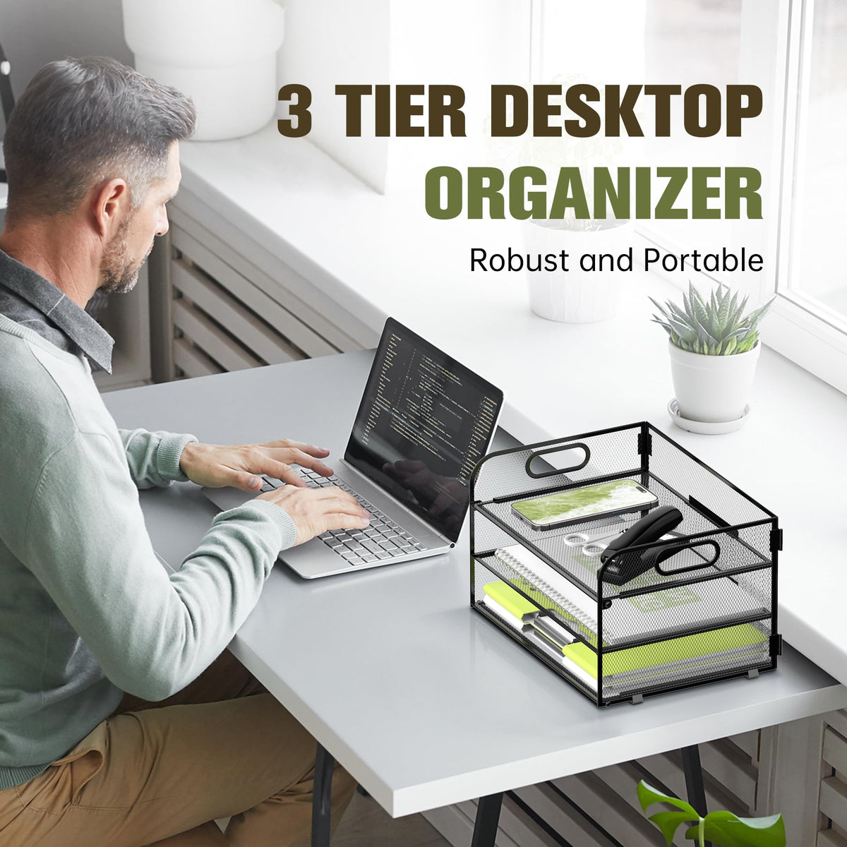 DALTACK 3 Tier Paper Organizer for Desk, Sliding Paper Trays, Black