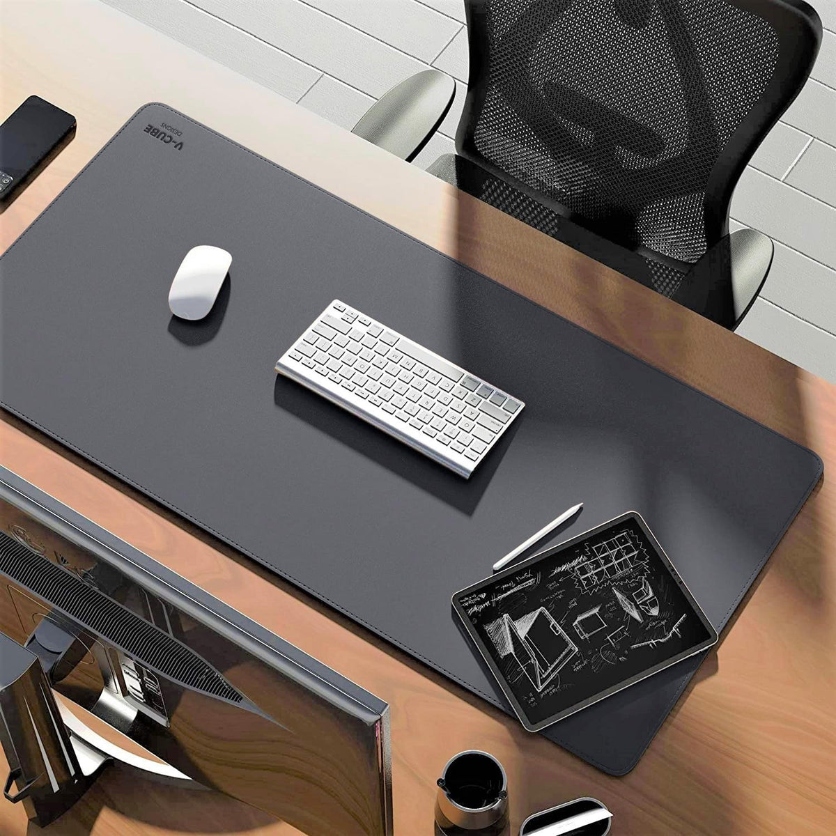V-CUBE Designs Desk Mat|90X45cm|2.4mm Thick(Padded)|Premium Vegan Leather Laptop Mat/Extended Mouse