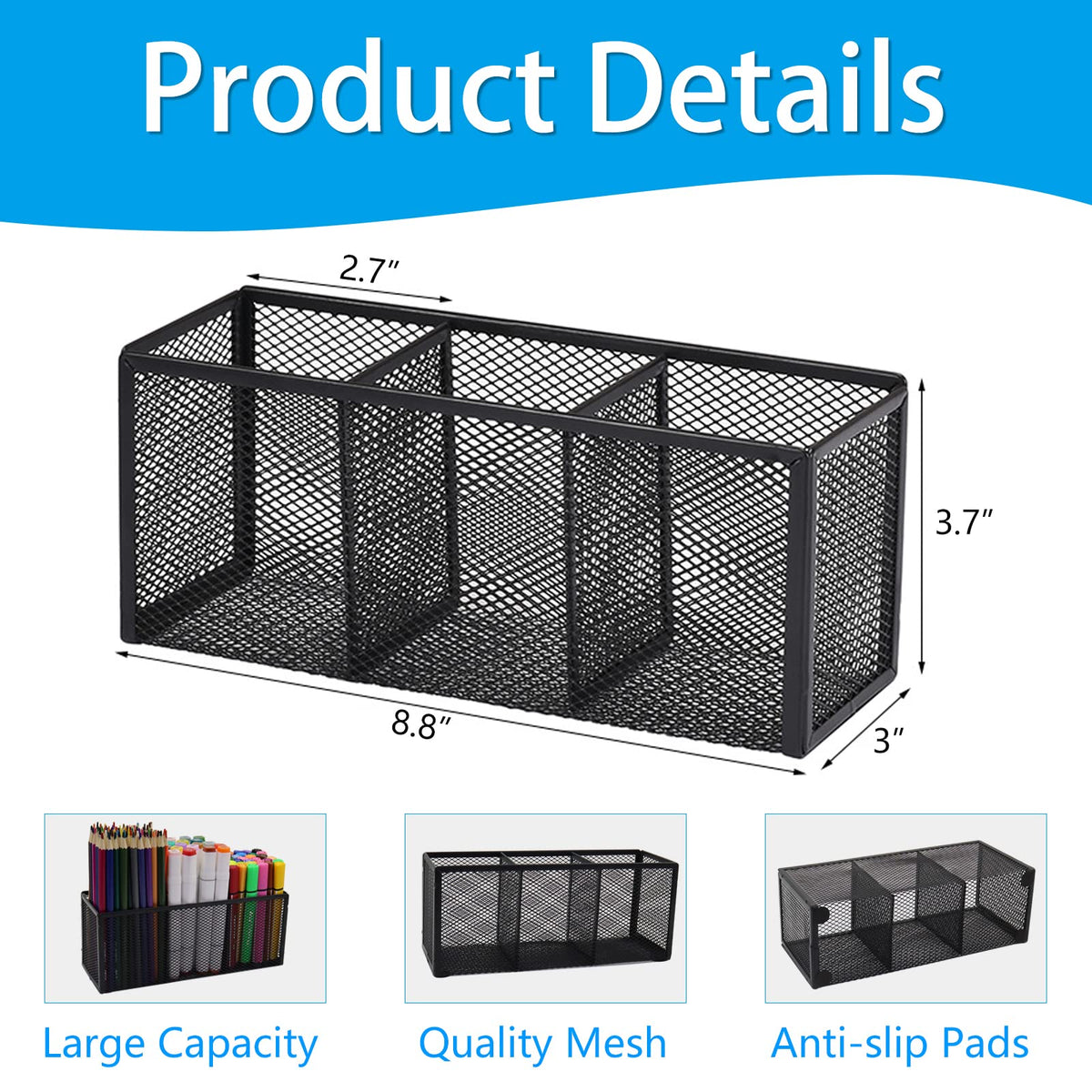 Flytreal 2PCS Black Mesh Pen Pencil Holder, Small Metal Desk Organizer Desktop Stationery Office