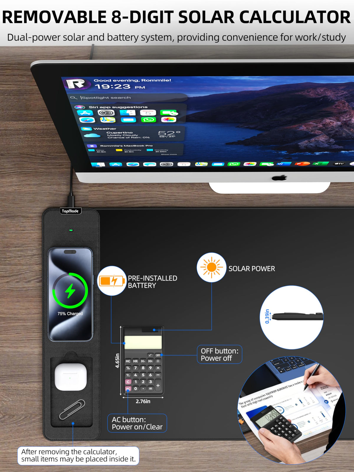 Mouse Pad with 15W Wireless Charging, Removable 8-Digit Solar Calculator