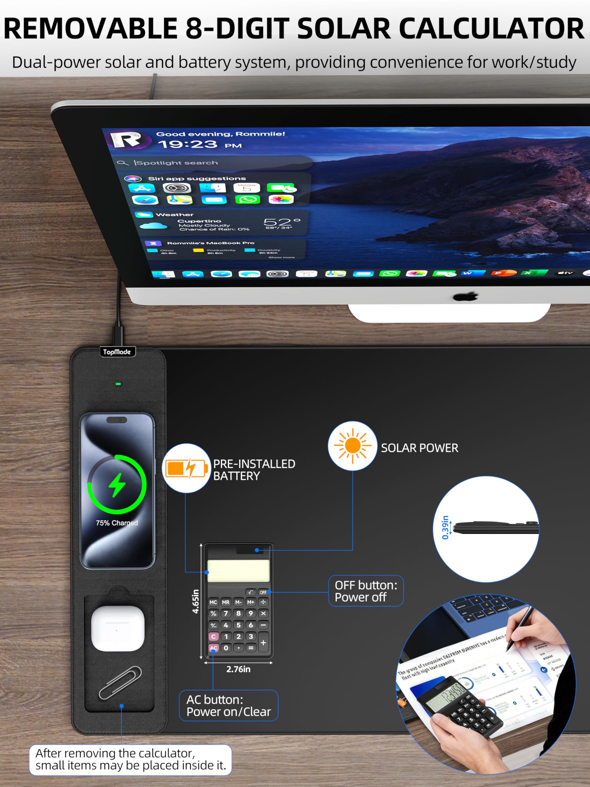 Mouse Pad with 15W Wireless Charging, Removable 8-Digit Solar Calculator