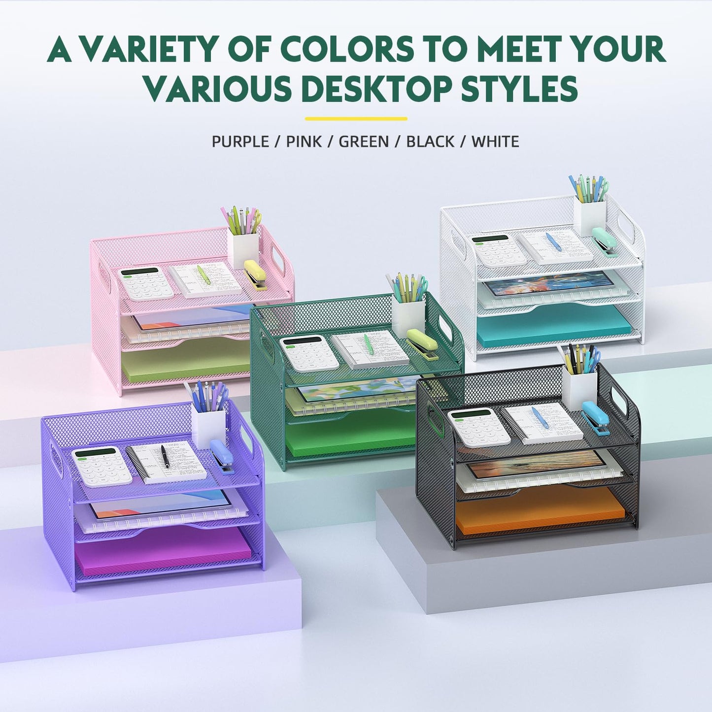 Samstar 3 Tier Green Letter Tray Paper Organizer with Handle, Mesh Desk Organizer Paper Sorter File